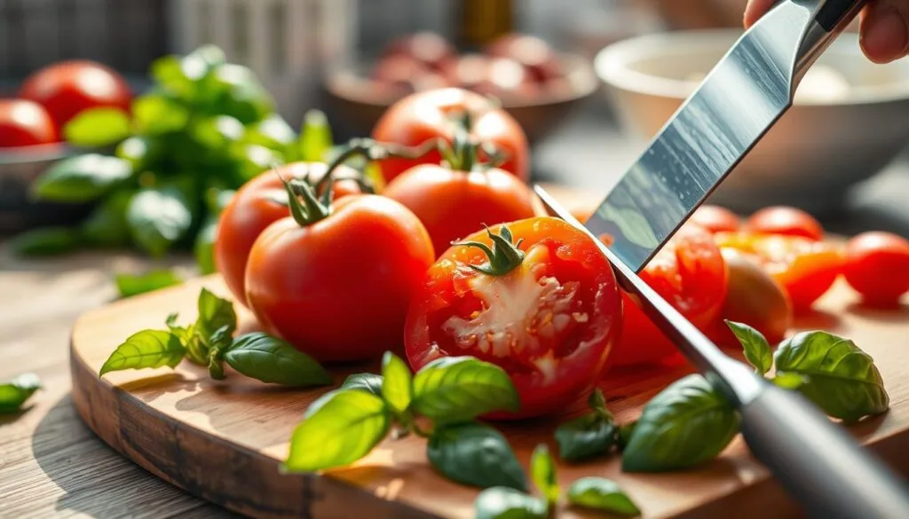 Chopping tomatoes for bruschetta Chopping tomatoes for bruschetta